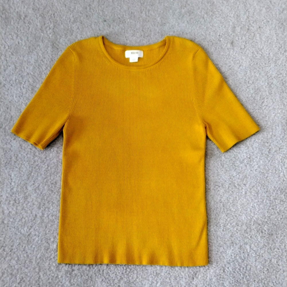 Maeve Mustard Ribbed Short-Sleeve Crew Neck Sweater